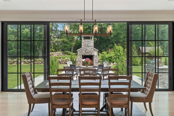 Chandelier, Dining room, Fireplace, Interior, Pendant Lights, Wood Texture Flooring