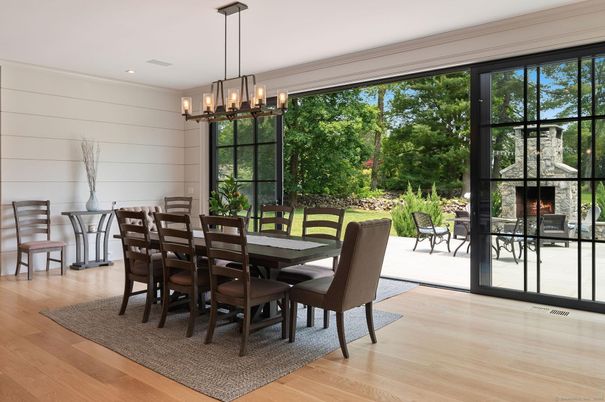 Chandelier, Dining room, Fireplace, Interior, Pendant Lights, Recessed Lighting, Wood Texture Flooring