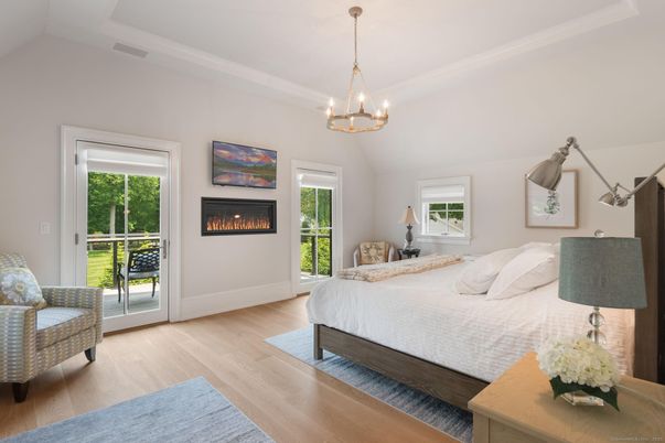 Bedroom, Fireplace, Interior, Pendant Lights, Wood Texture Flooring