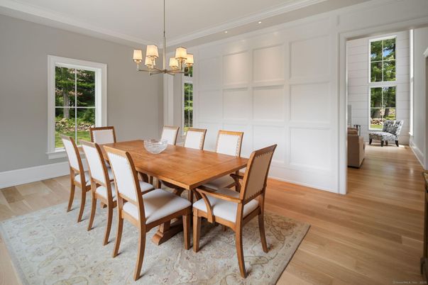 Chandelier, Dining room, Interior, Recessed Lighting, Wood Texture Flooring