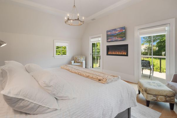 Bedroom, Fireplace, Interior, Pendant Lights, Wood Texture Flooring