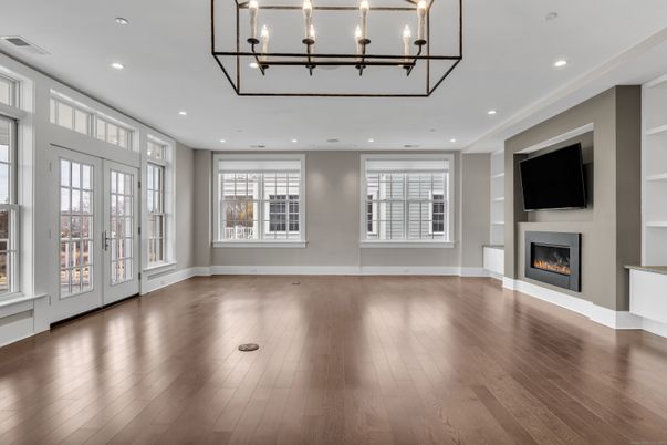Empty room, Fireplace, Interior, Pendant Lights, Recessed Lighting, Wood Texture Flooring