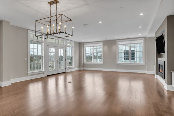 Empty room, Fireplace, Interior, Pendant Lights, Recessed Lighting, Wood Texture Flooring