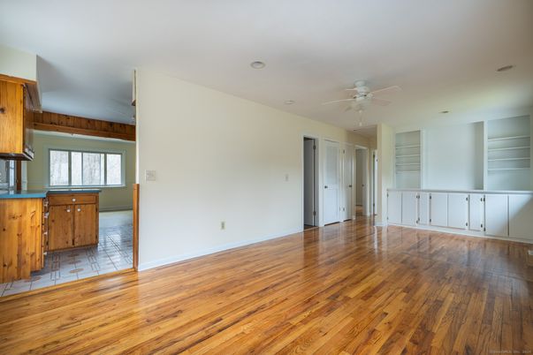 Empty room, Interior, Kitchen, Recessed Lighting, Wood Texture Flooring