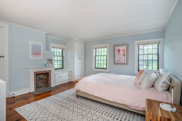 Bedroom, Fireplace, Interior, Wood Texture Flooring