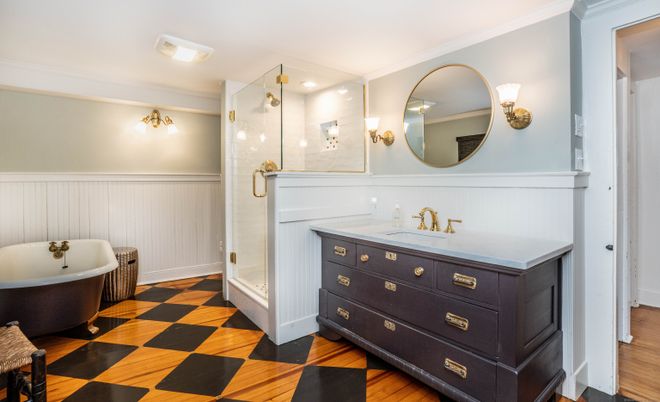 Bathroom, Dual Sink Vanities, Free Standing Baths, Interior, Recessed Lighting, Wood Texture Flooring