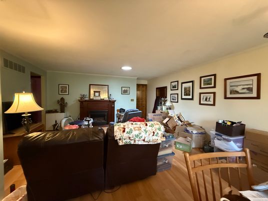 Fireplace, Interior, Living room, Recessed Lighting, Wood Texture Flooring
