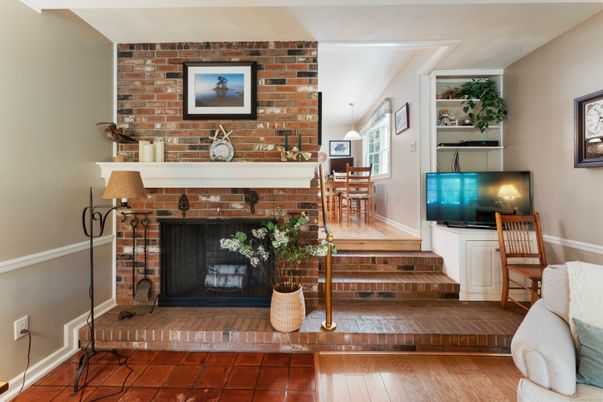 Dining room, Fireplace, Interior, Pendant Lights, Stone Walls, Wood Texture Flooring
