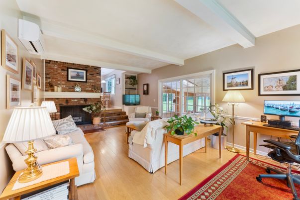 Fireplace, Home Office, Interior, Living room, Stone Walls, Wood Texture Flooring