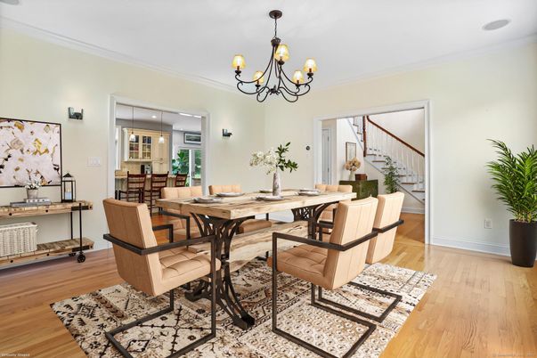 Chandelier, Dining room, Interior, Recessed Lighting, Wood Texture Flooring