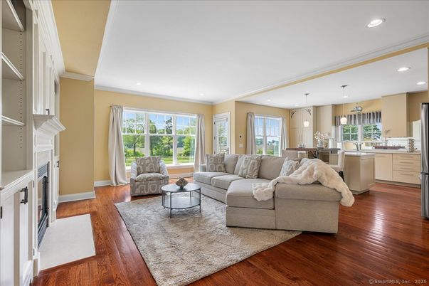 Fireplace, Interior, Kitchen, Living room, Pendant Lights, Recessed Lighting, Wood Texture Flooring