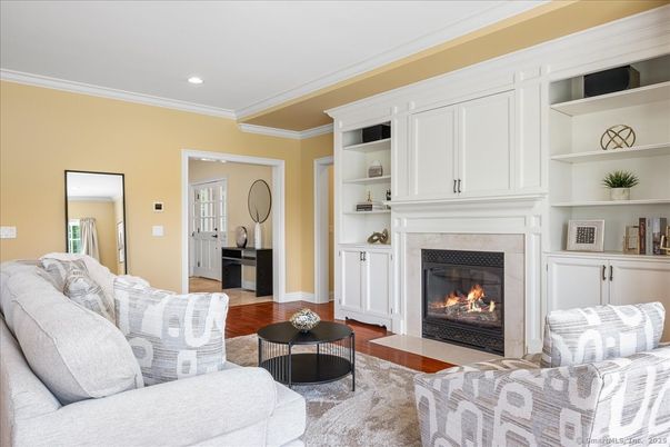 Fireplace, Interior, Living room, Recessed Lighting, Wood Texture Flooring