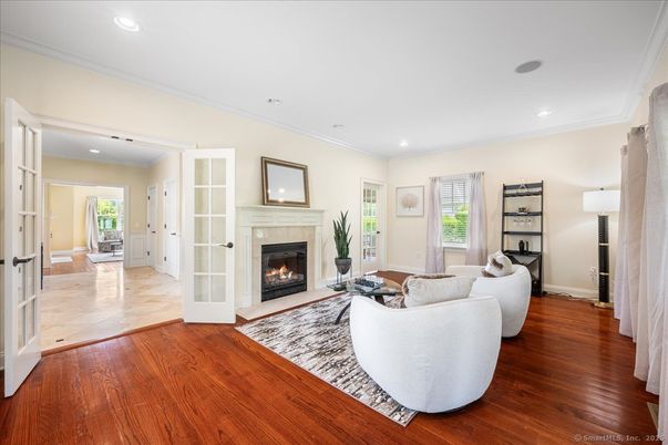 Fireplace, Interior, Living room, Recessed Lighting, Wood Texture Flooring