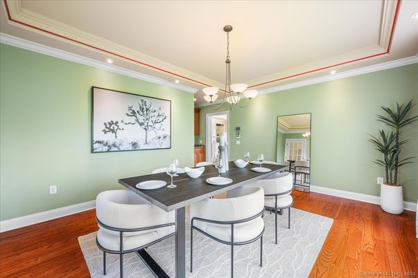 Dining room, Interior, Pendant Lights, Recessed Lighting, Wood Texture Flooring