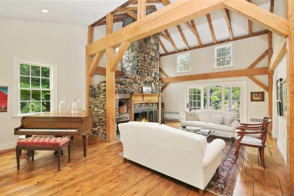 Fireplace, Interior, Living room, Piano, Recessed Lighting, Wooden Beams, Wood Texture Flooring