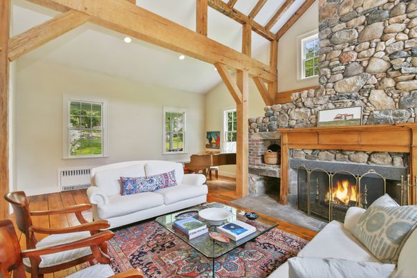 Fireplace, Interior, Living room, Recessed Lighting, Stone Walls, Wooden Beams, Wood Texture Flooring