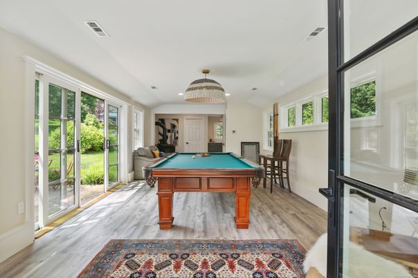 Billiard Table, Chandelier, Game Room, Interior, Recessed Lighting, Wood Texture Flooring