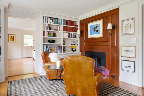 Fireplace, Home Office, Interior, Recessed Lighting, Wood Texture Flooring, Wooden Walls