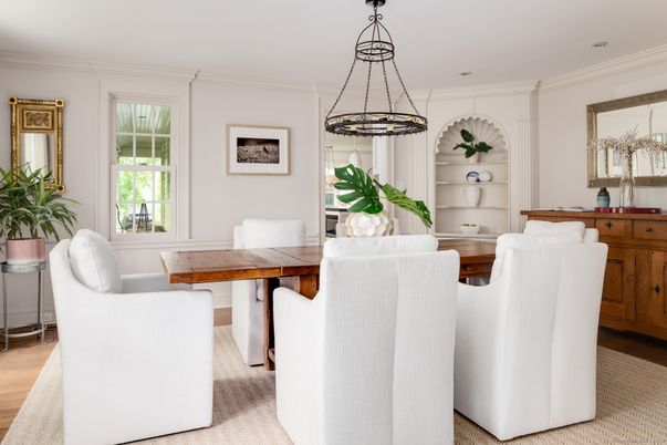 Dining room, Interior, Pendant Lights, Recessed Lighting, Wood Texture Flooring