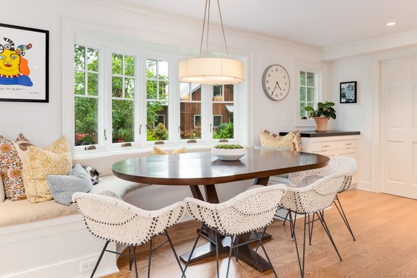 Dining room, Interior, Pendant Lights, Recessed Lighting, Wood Texture Flooring