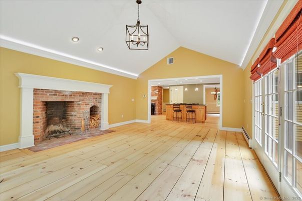 Fireplace, Interior, Pendant Lights, Recessed Lighting, Wood Texture Flooring