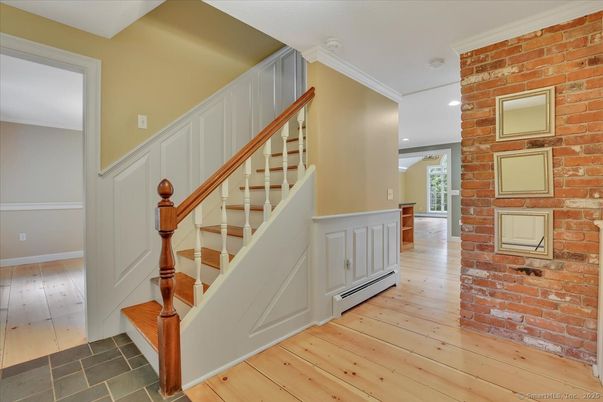 Empty room, Interior, Recessed Lighting, Stone Walls, Wood Texture Flooring