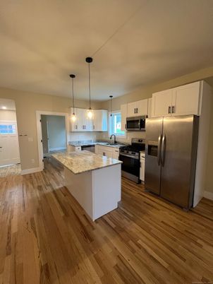 Interior, Kitchen, Pendant Lights, Stainless Steel Appliances, Wood Texture Flooring