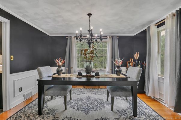 Chandelier, Dining room, Interior, Wood Texture Flooring