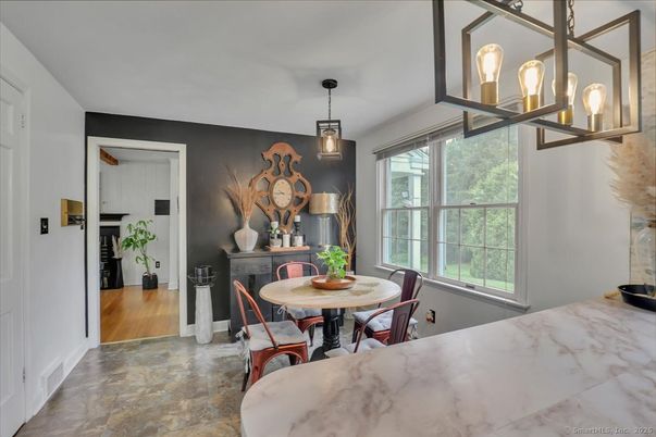 Dining room, Interior, Pendant Lights, Wood Texture Flooring