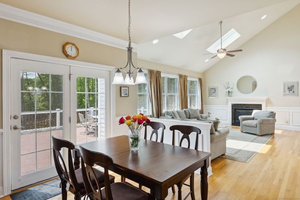 Dining room, Fireplace, Interior, Living room, Pendant Lights, Wood Texture Flooring