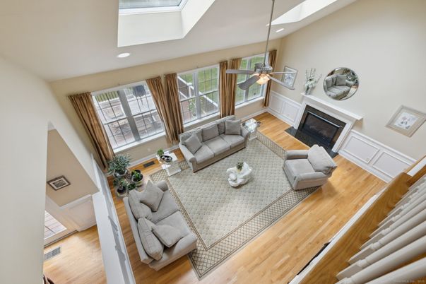 Fireplace, Interior, Living room, Recessed Lighting, Wood Texture Flooring