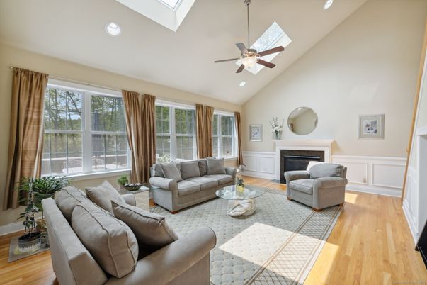 Fireplace, Interior, Living room, Recessed Lighting, Wood Texture Flooring