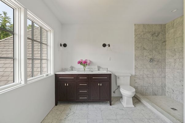 Bathroom, Glass Shower, Interior, Marble, Marble Walls, Recessed Lighting
