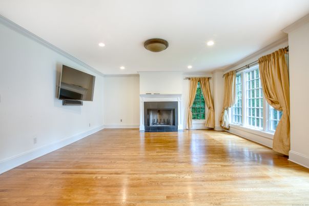Empty room, Fireplace, Interior, Recessed Lighting, Wood Texture Flooring