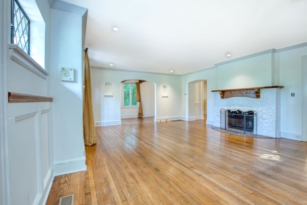 Empty room, Fireplace, Interior, Recessed Lighting, Wood Texture Flooring