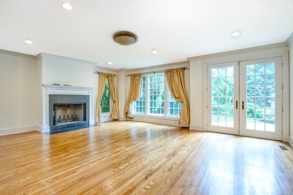 Empty room, Fireplace, Interior, Recessed Lighting, Wood Texture Flooring