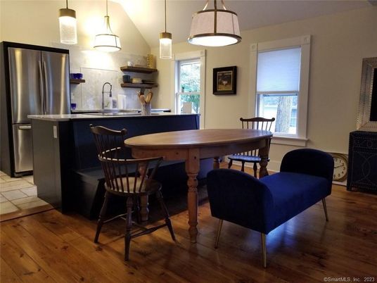 Dining room, Interior, Kitchen, Pendant Lights, Stainless Steel Appliances, Wood Texture Flooring
