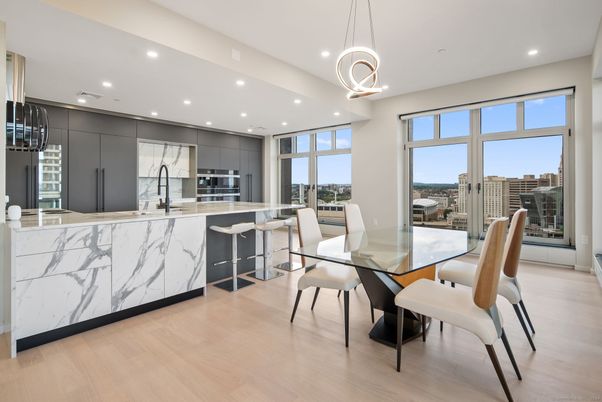 Dining room, Interior, Kitchen, Pendant Lights, Recessed Lighting, Stainless Steel Appliances, Wood Texture Flooring