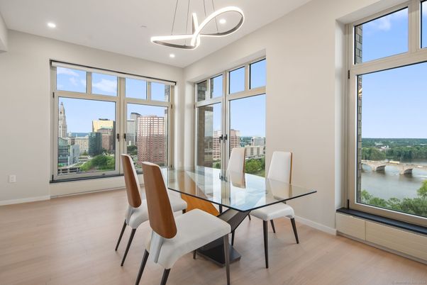 Dining room, Interior, Pendant Lights, Recessed Lighting, Water, Wood Texture Flooring