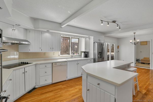 Chandelier, Interior, Kitchen, Stainless Steel Appliances, Wood Texture Flooring