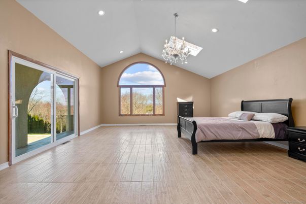 Bedroom, Chandelier, Interior, Recessed Lighting, Wood Texture Flooring