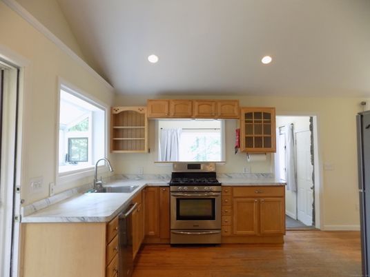 Interior, Kitchen, Recessed Lighting, Stainless Steel Appliances, Wood Texture Flooring