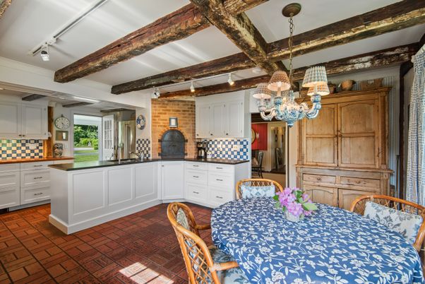 Chandelier, Dining room, Interior, Kitchen, Pendant Lights, Stone Walls, Wooden Beams