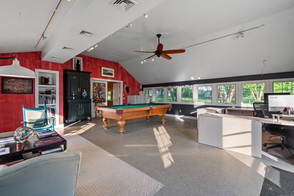 Billiard Table, Fireplace, Game Room, Interior, Recessed Lighting, Wooden Walls