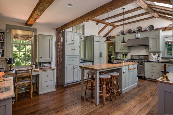 Interior, Kitchen, Pendant Lights, Recessed Lighting, Stainless Steel Appliances, Wooden Beams, Wood Texture Flooring