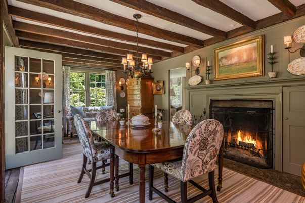 Chandelier, Dining room, Fireplace, Interior, Wooden Beams, Wood Texture Flooring