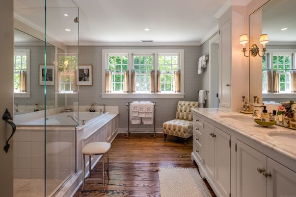 Bathroom, Dual Sink Vanities, Glass Shower, Interior, Recessed Lighting, Wood Texture Flooring