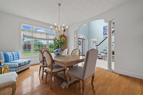 Dining room, Interior, Pendant Lights, Wood Texture Flooring