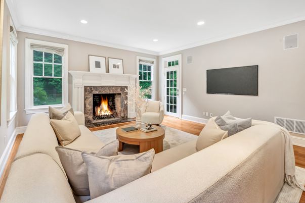 Fireplace, Interior, Living room, Recessed Lighting, Wood Texture Flooring