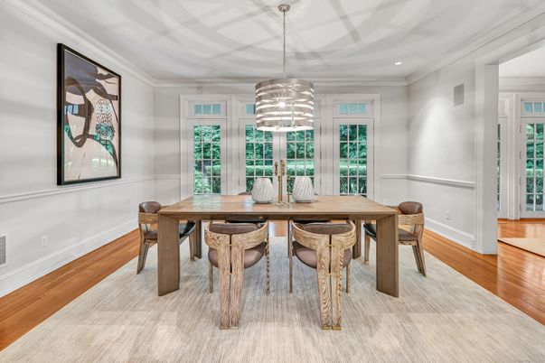 Dining room, Interior, Recessed Lighting, Wood Texture Flooring